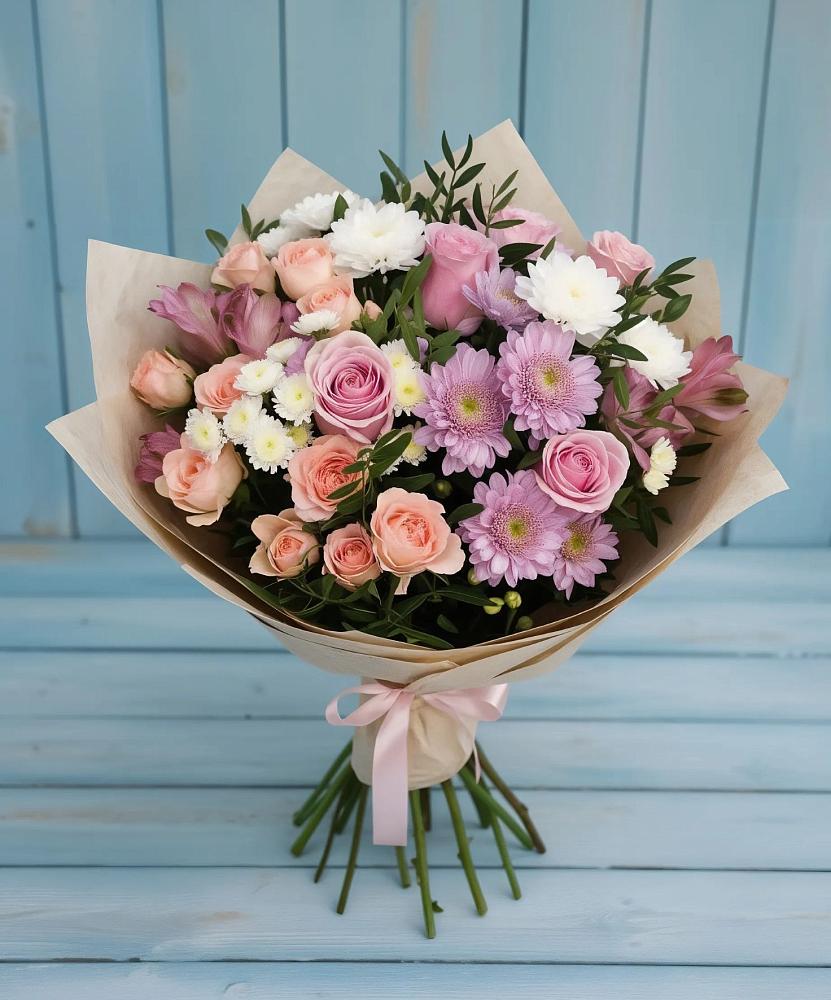 Букет цветов из: Хризантемы, Розы и Альстромерии в Кировском