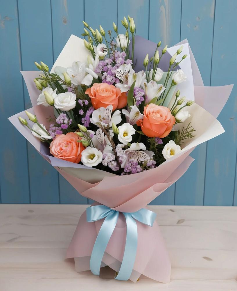 Букет цветов из: Лизиантусы, Розы, Альстромерии и Гипсофила в Кировском