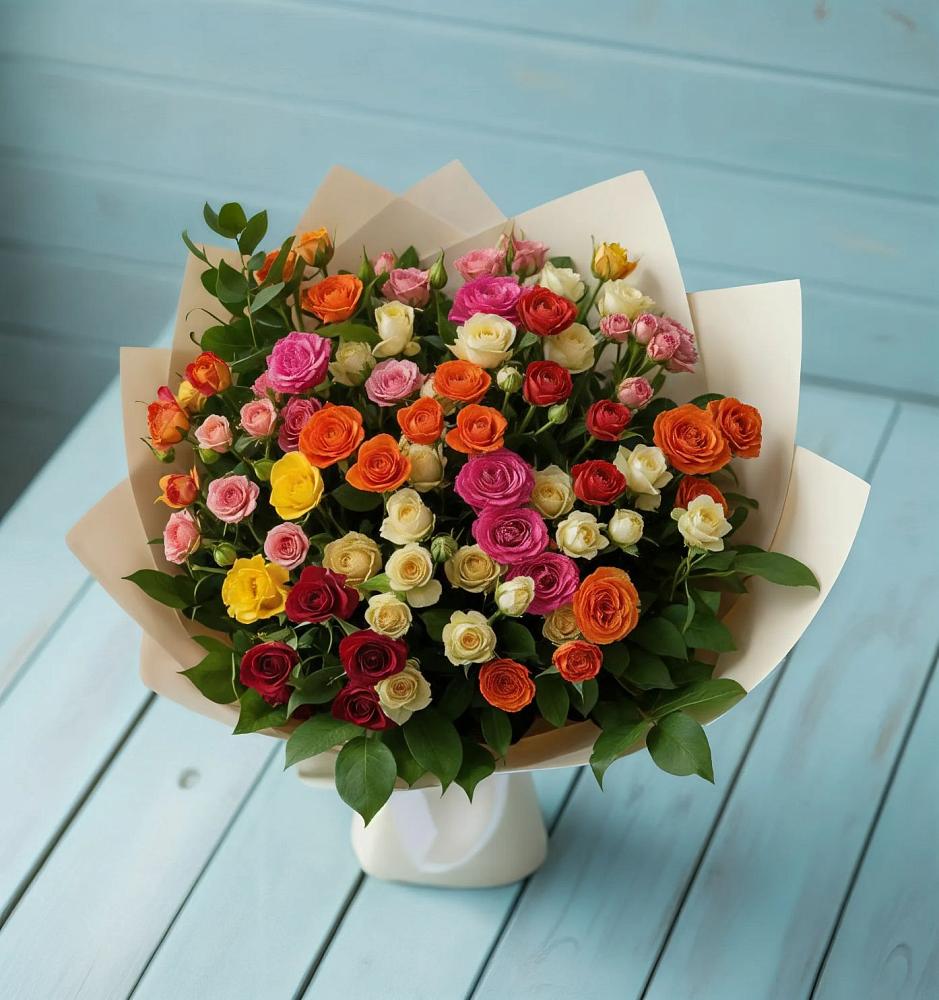 Букет Микс из разноцветных кустовых роз в Кировском