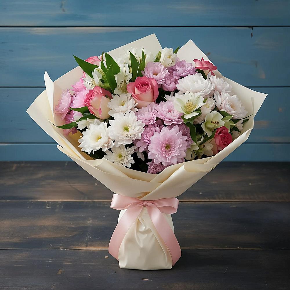 Букет цветов из: Хризантемы, Альстромерии и Розы в Кировском